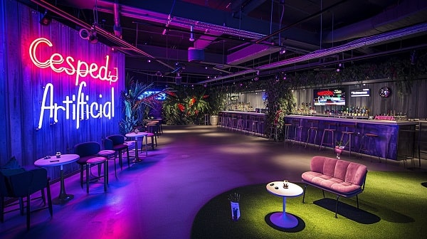 evento con cesped artificial y neones